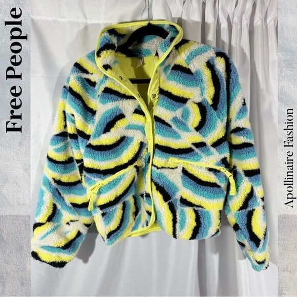 FREE PEOPLE HIT THE SLOPES FLEECE JACKET IN BLUE RAINBOW COMBO SP TP NEW - Picture 3 of 4